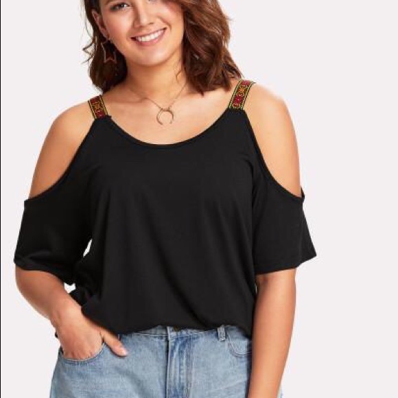 Embroidered Strap Detail Cold Shoulder Tee - Picture 2 of 3